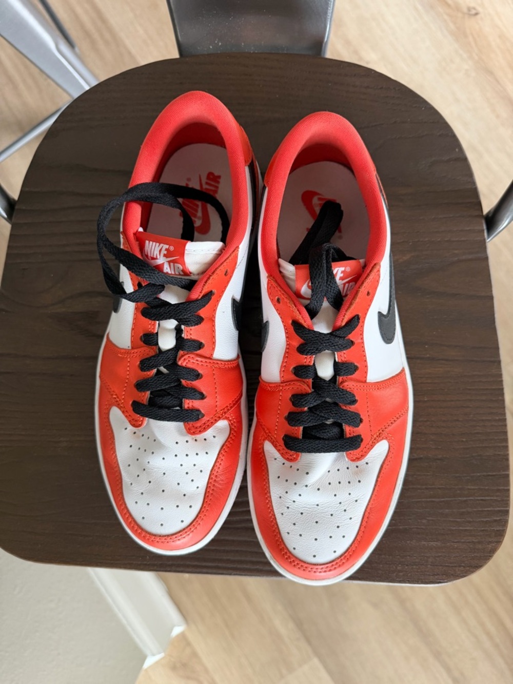 Nike Air Jordans Low Top Sneakers in White, Orange & Black - Picture 8 of 9
